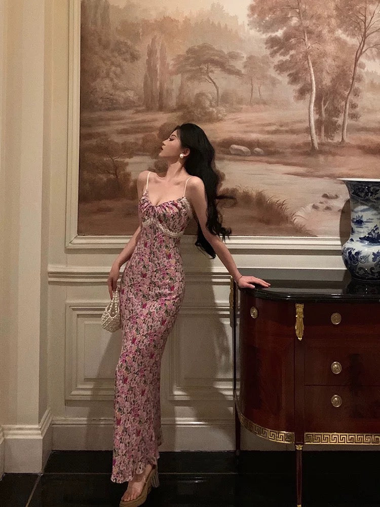 Gorgeous Mermaid Spaghetti Straps Pink Floral Date Night Dress Long Prom Dresses Birthday Outfits