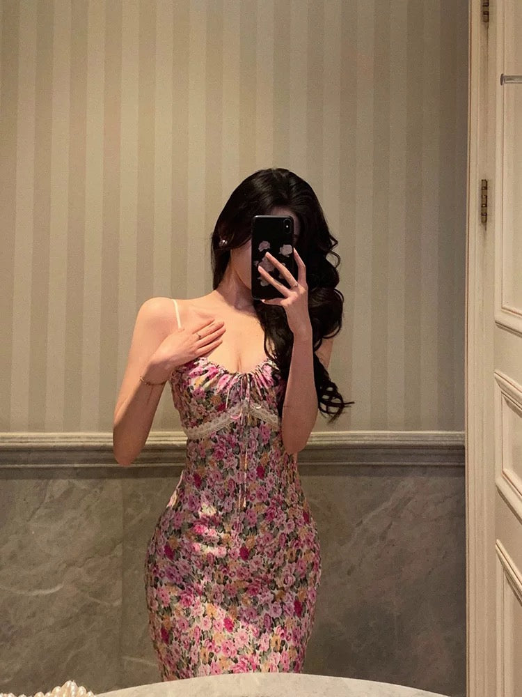 Gorgeous Mermaid Spaghetti Straps Pink Floral Date Night Dress Long Prom Dresses Birthday Outfits