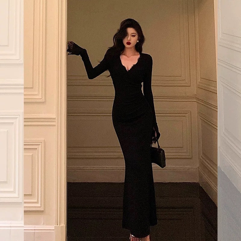 Classy Mermaid V Neckline Long Sleeves Black Prom Dresses Birthday Outfits