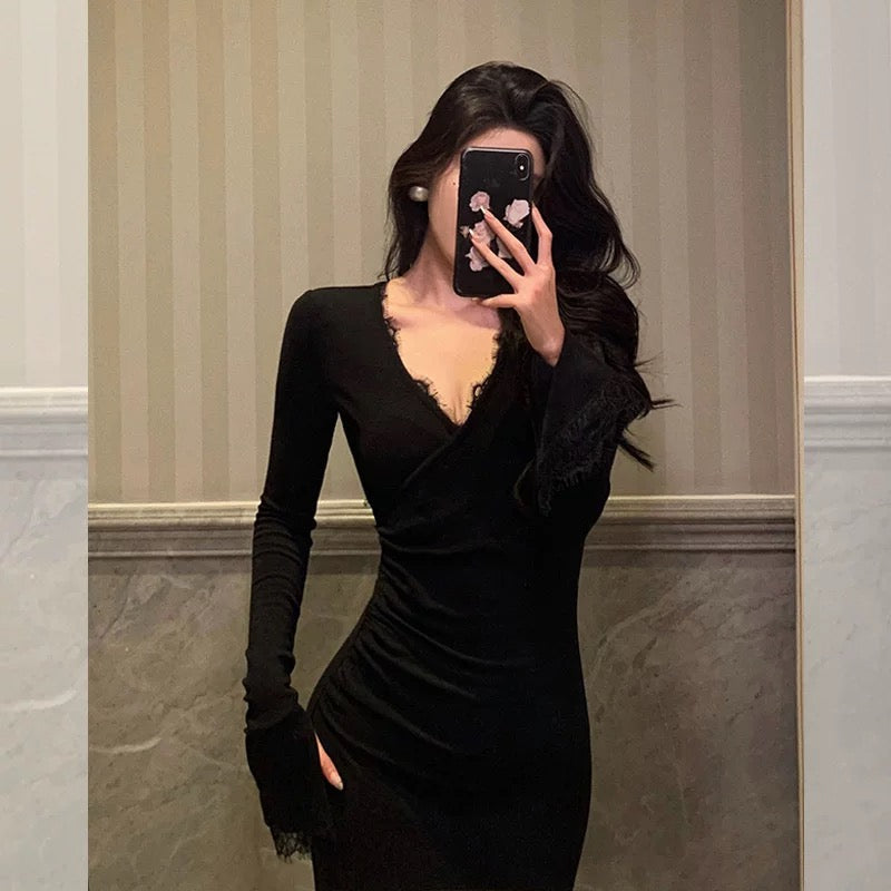 Classy Mermaid V Neckline Long Sleeves Black Prom Dresses Birthday Outfits