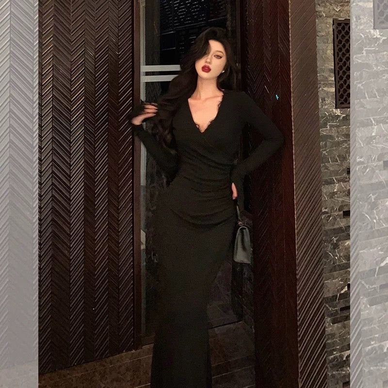 Classy Mermaid V Neckline Long Sleeves Black Prom Dresses Birthday Outfits