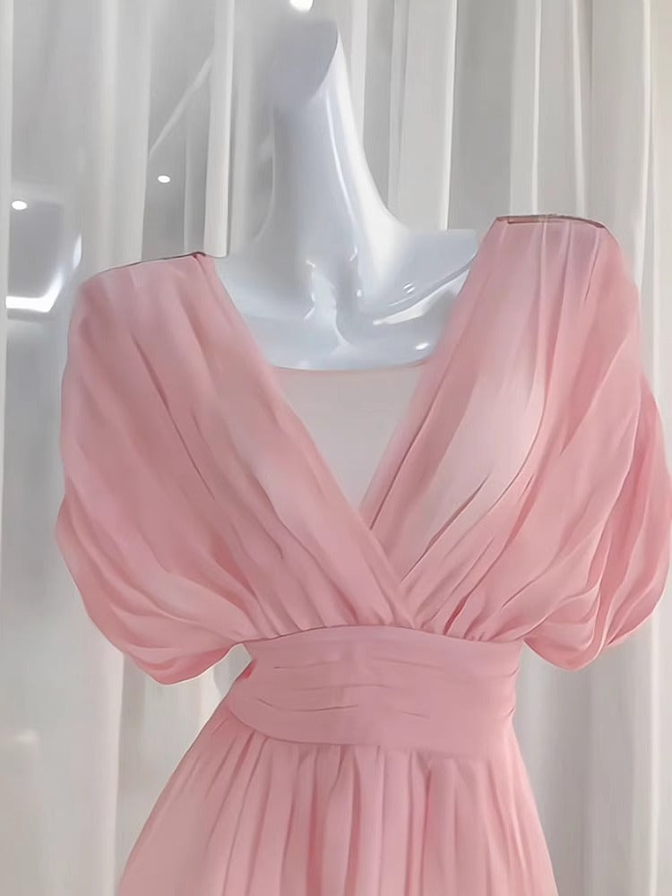 Sexy A line V Neckline Ruffled Pink Chiffon Beach Dress Women's Vacation Dresses