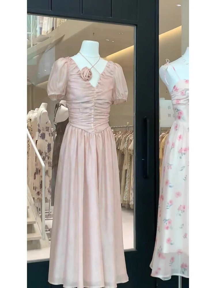 Sexy A line V Neckline Pink Chiffon Beach Dress Women's Vacation Dresses