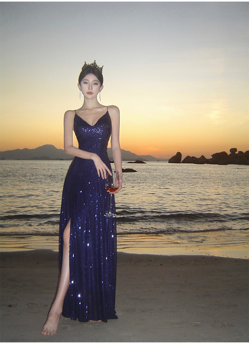 Sexy Sheath Spaghetti Straps Blue Sequin Beach Dress Women's Vacation Dresses Prom Dress