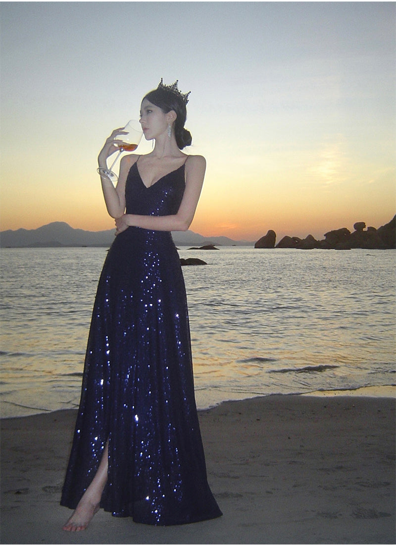 Sexy Sheath Spaghetti Straps Blue Sequin Beach Dress Women's Vacation Dresses Prom Dress