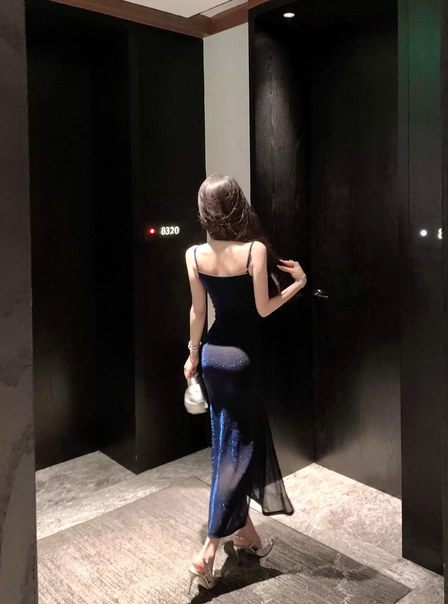Sexy Sheath Spaghetti Straps Navy Blue Sequin Birthday Dresses Prom Dress
