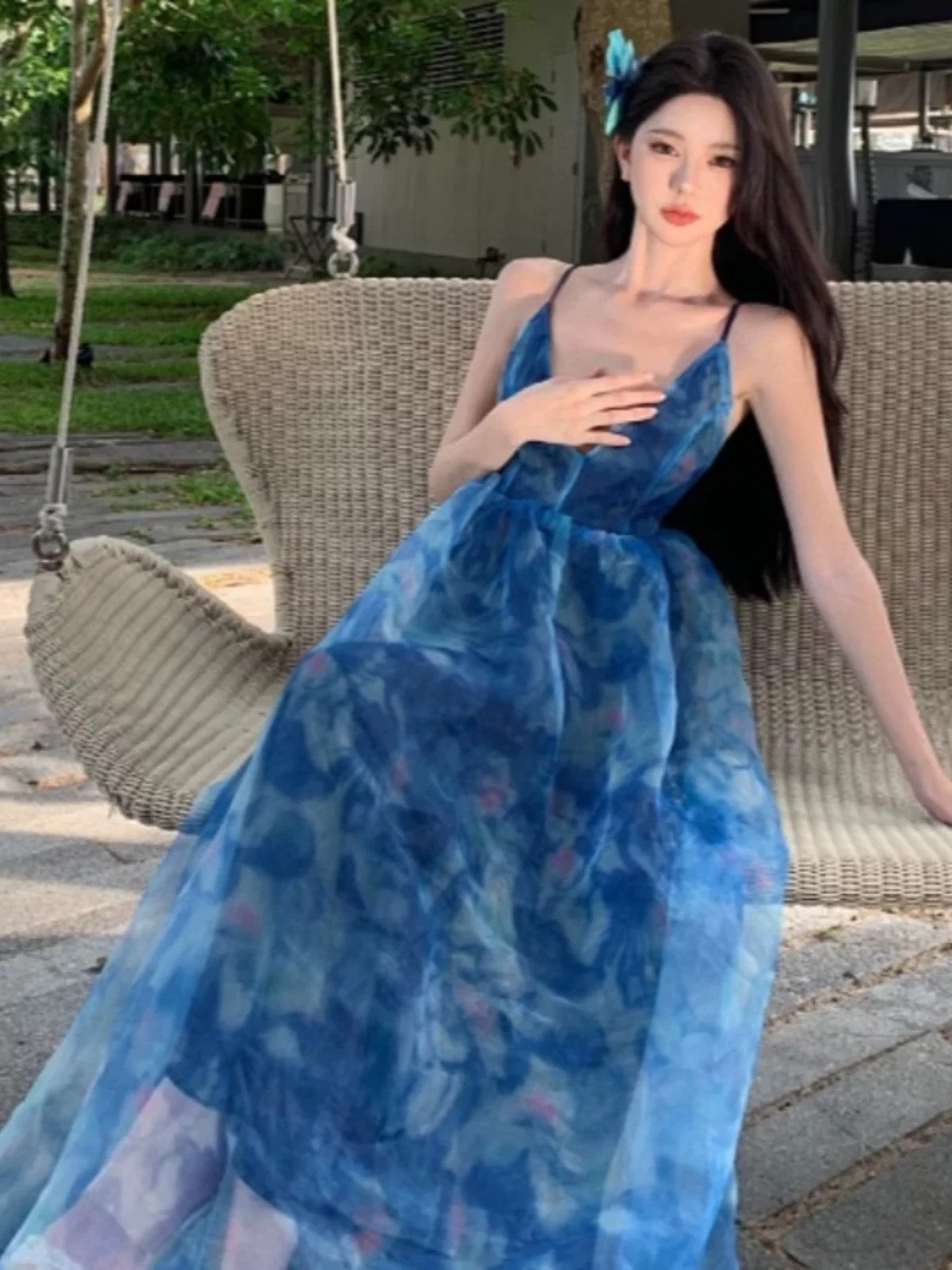 Sexy A line Spaghetti Straps Blue Floral Backless Holiday Beach Dress Women's Long Vacation Dresses