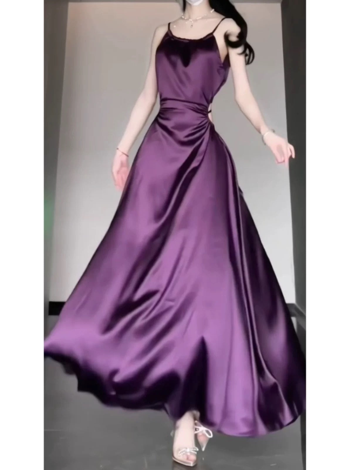Sexy Sheath Spaghetti Straps Grape Satin Birthday Dresses Night Party Dress