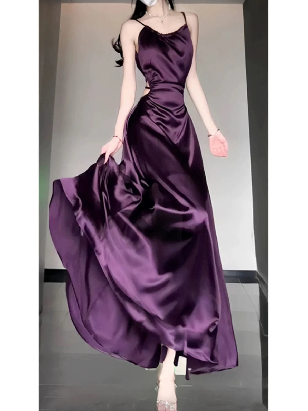 Sexy Sheath Spaghetti Straps Grape Satin Birthday Dresses Night Party Dress