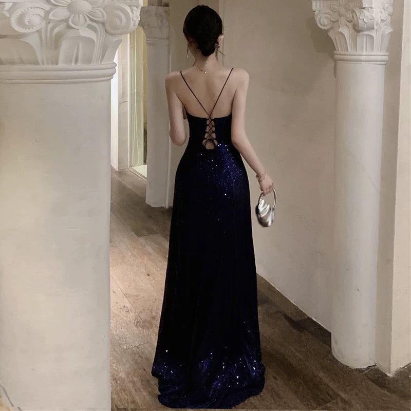 Sexy Sheath Spaghetti Straps Navy Blue Sequin Beach Dress Women's Vacation Dresses Birthday Dress