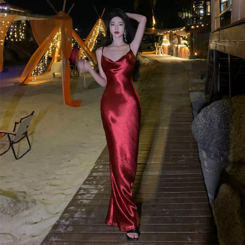 Sexy Sheath Spaghetti Straps Red Backless Satin Birthday Dresses Prom Dress