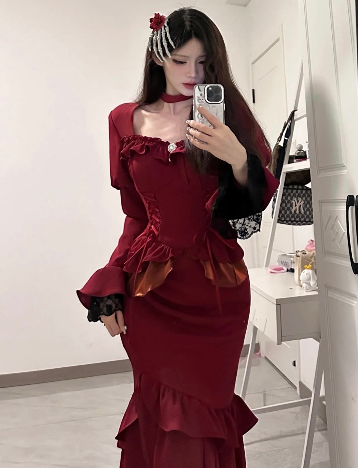 Chic Mermaid Square Neckline Christmas Dress Burgundy Birthday Dresses Birthday Outfits