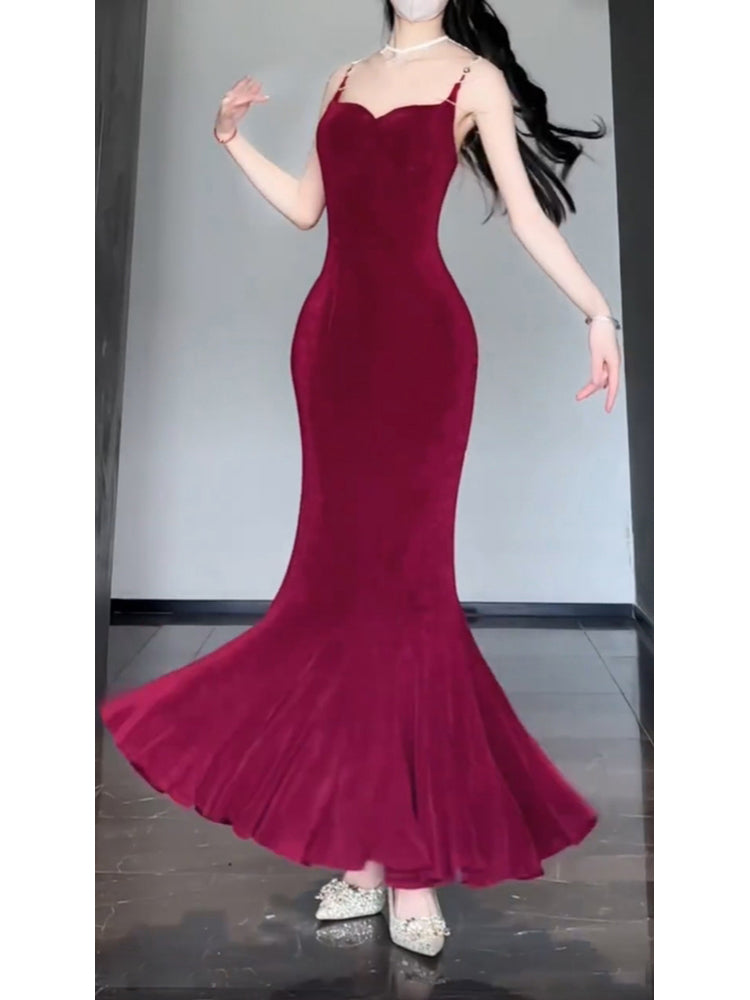 Sexy Mermaid Spaghetti Straps Christmas Dress Burgundy Prom Dresses Birthday Outfits