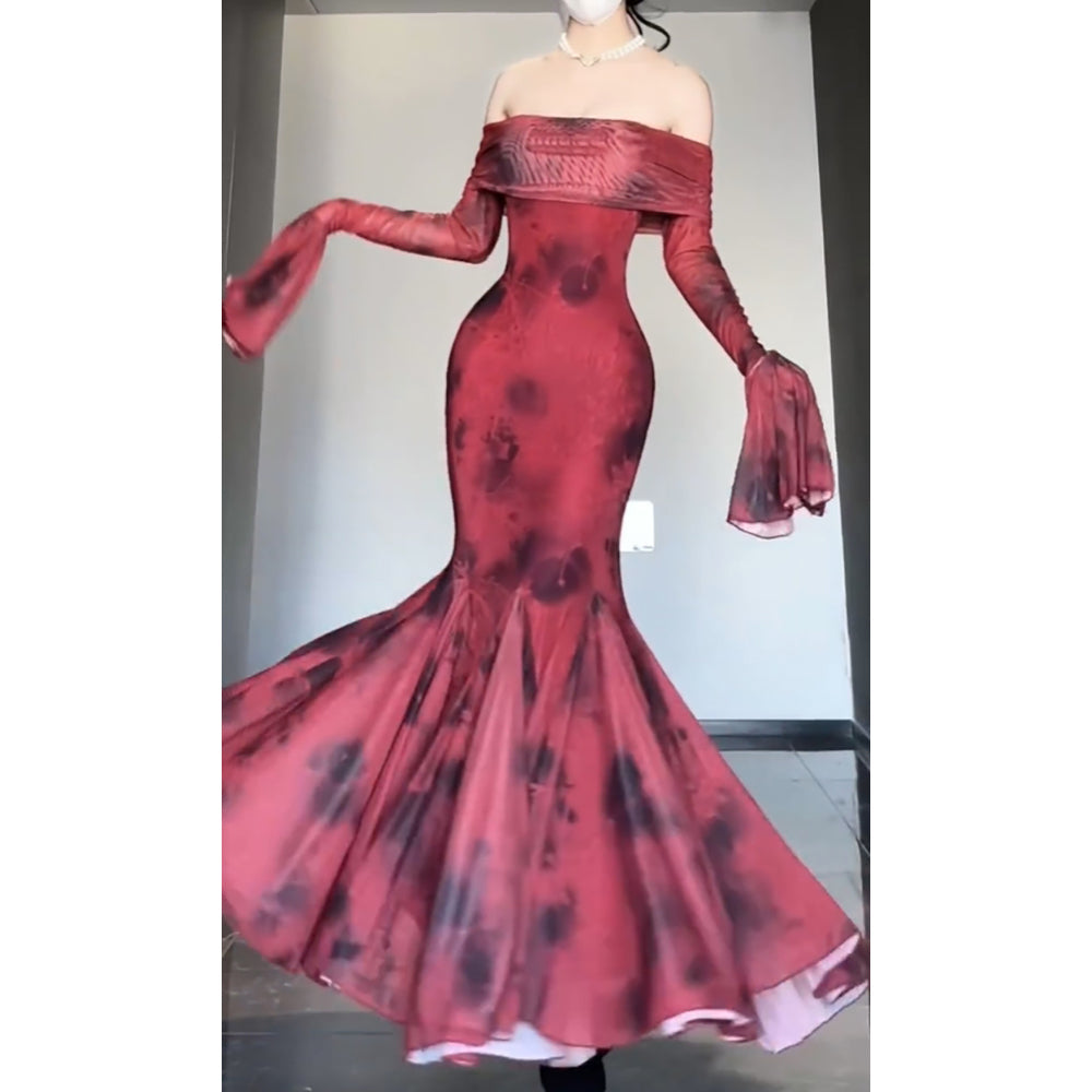 Retro Mermaid Off The Shoulder Floral Red Long Sleeves Party Dresses Birthday Outfits