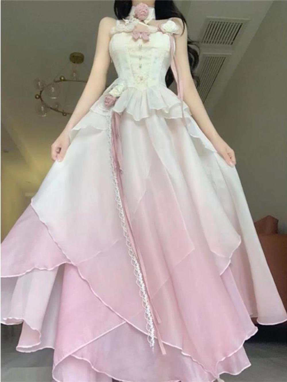 Sexy A line Ombre Pink Chiffon Dress Long Prom Dresses Night Dress Birthday Outfits