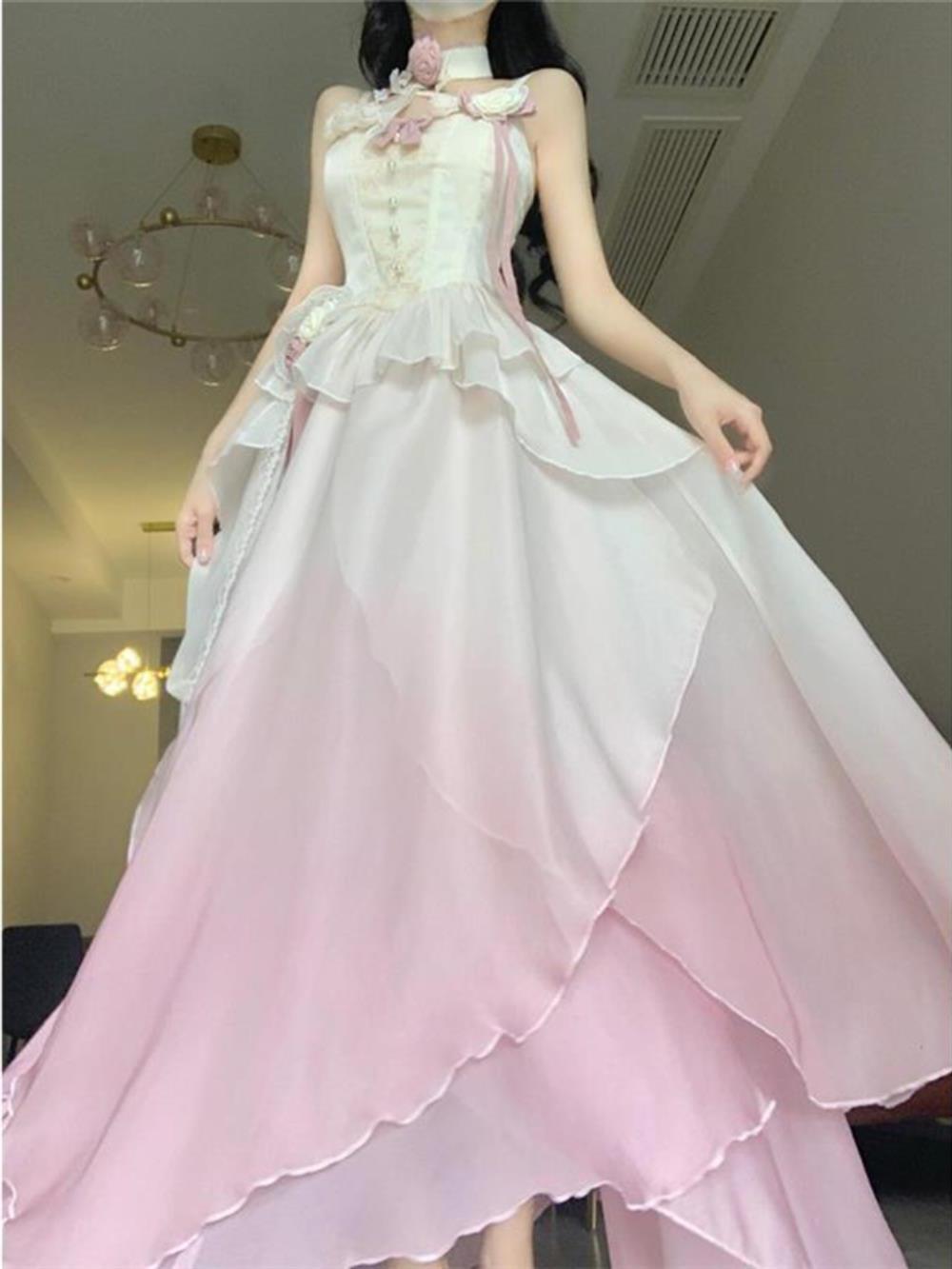 Sexy A line Ombre Pink Chiffon Dress Long Prom Dresses Night Dress Birthday Outfits