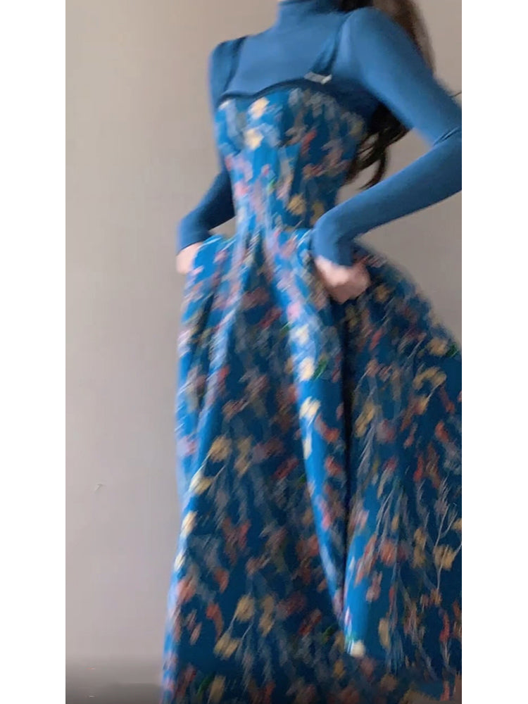 Vintage A line Spaghetti Straps Royal Blue Floral Long Birthday Dresses Prom Dress Birthday Outfits