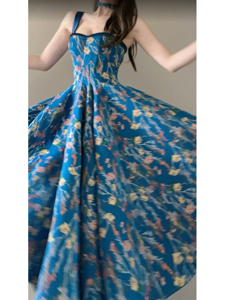 Vintage A line Spaghetti Straps Royal Blue Floral Long Birthday Dresses Prom Dress Birthday Outfits