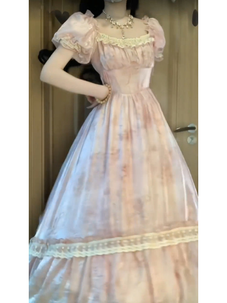 Cute A line Square Neckline Pink Lace Long Prom Dresses Night Dress Birthday Outfits