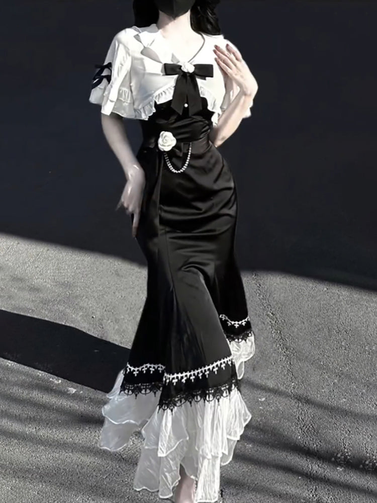 Princess A line Black Satin Long Prom Dresses Night Lolita Dress Birthday Outfits