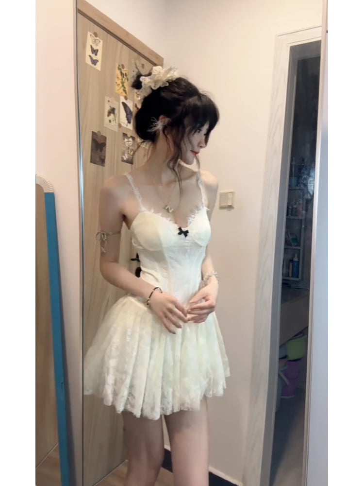 Cute A line Spaghetti Straps White Lace Short 2 Pieces Dresses Party Dress Birthday Outfits