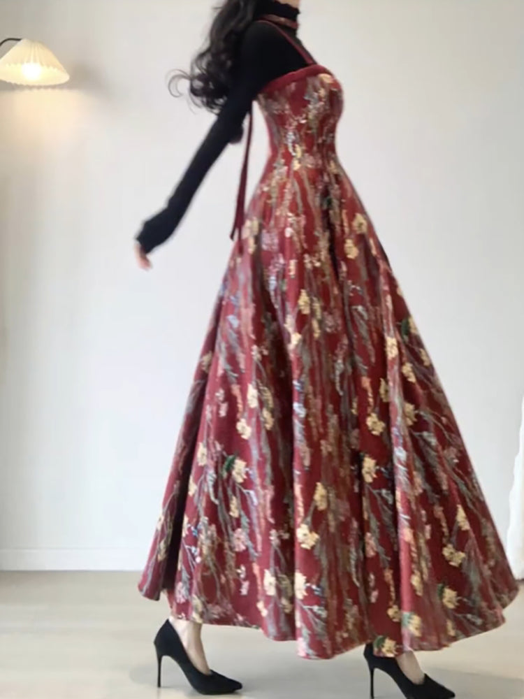 Vintage A line Spaghetti Straps Red Floral Long Birthday Dresses Prom Dress Birthday Outfits