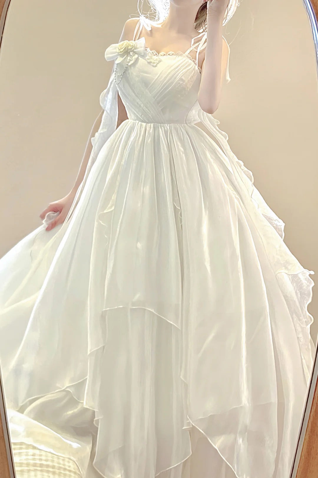 Vintage A line Spaghetti Straps White Floral Long Birthday Dresses Prom Dress Chiffon Birthday Outfits