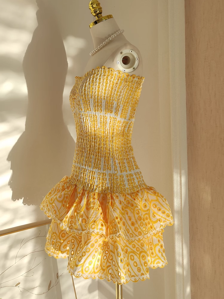 Cute Sheath Strapless Yellow Lace Vacation Dress Short Birthday Dresses