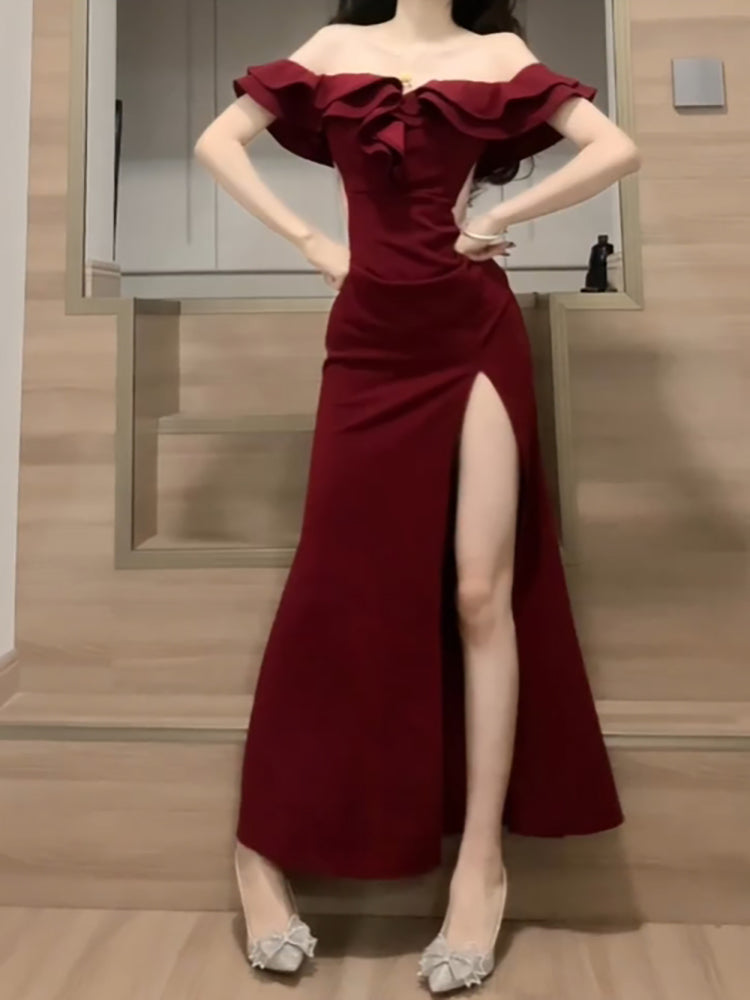 Sexy Sheath Off The Shoulder Burgundy Slit Holiday Prom Dresses Night Dress Birthday Outfits