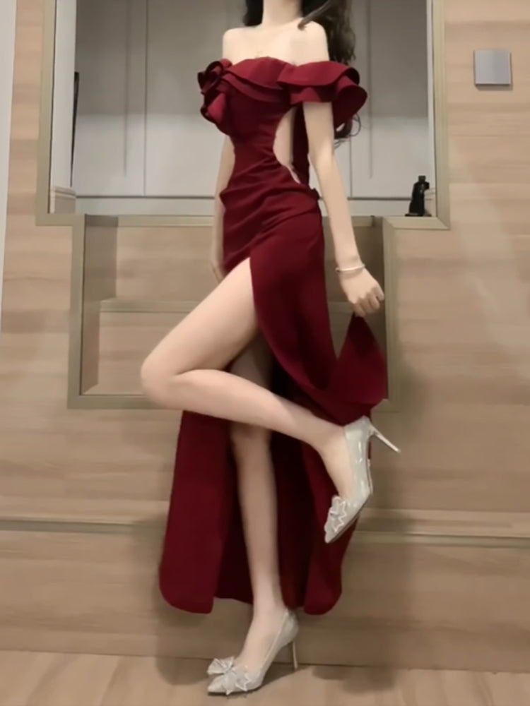 Sexy Sheath Off The Shoulder Burgundy Slit Holiday Prom Dresses Night Dress Birthday Outfits
