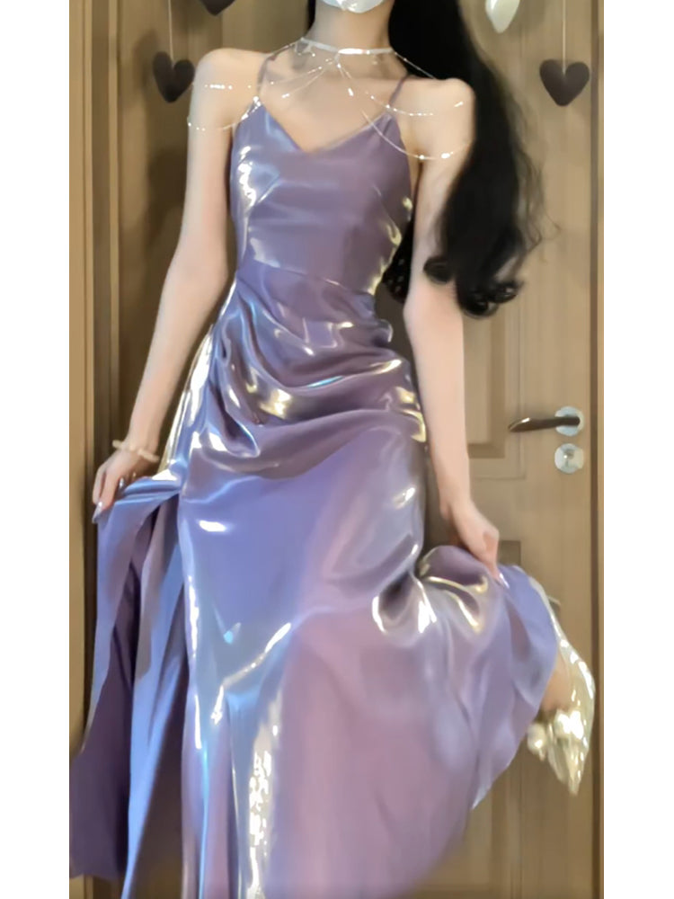 Sexy A line Spaghetti Straps Grape Women's Beach Dress Slit Vacation Dresses Birthday Dress
