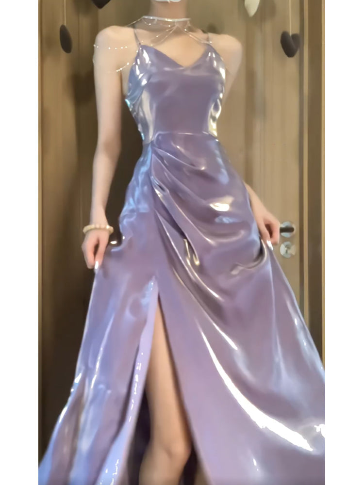 Sexy A line Spaghetti Straps Grape Women's Beach Dress Slit Vacation Dresses Birthday Dress