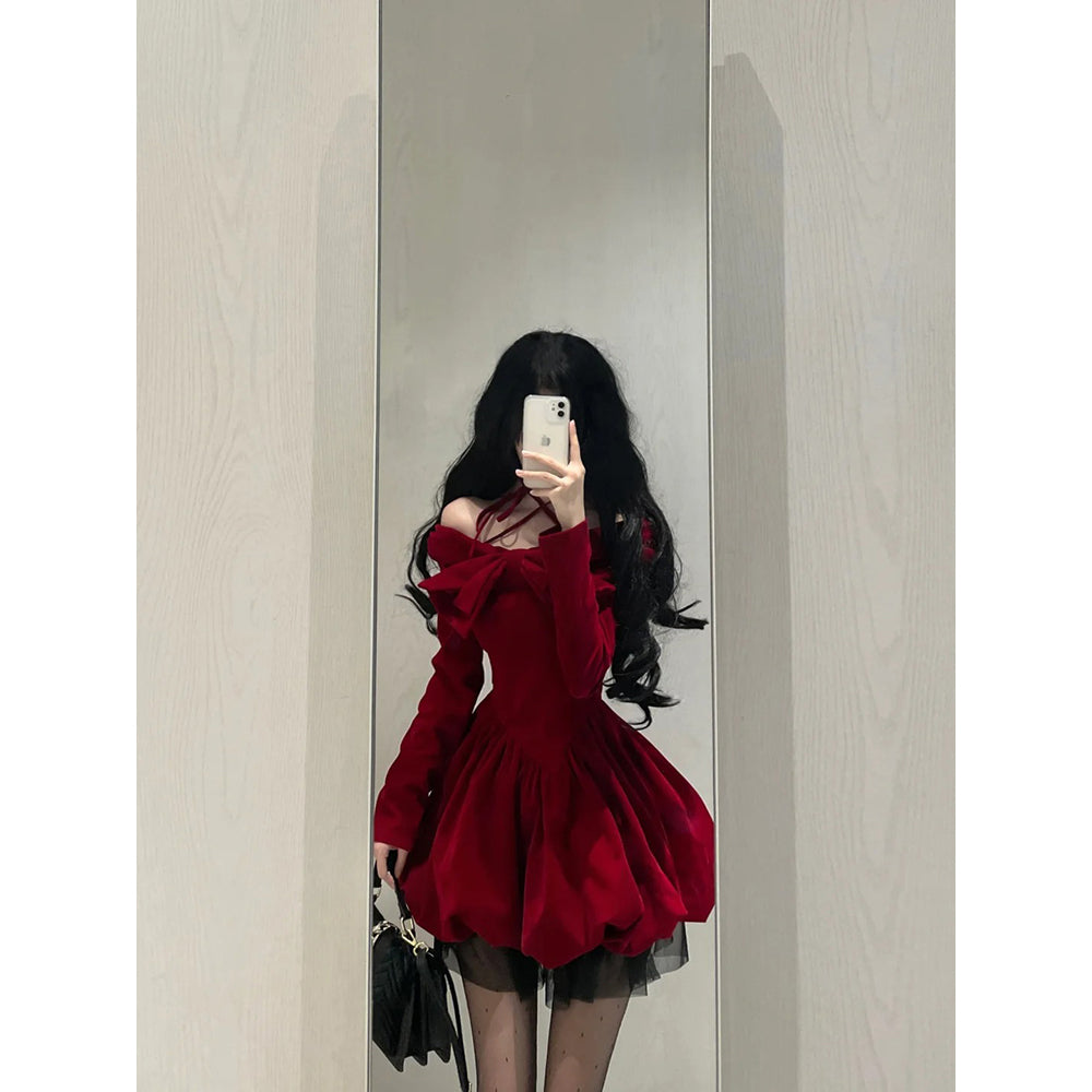 Chic Ball Gown Long Sleeves Red Velvet Party Dress Birthday Dresses Birthday Outfits