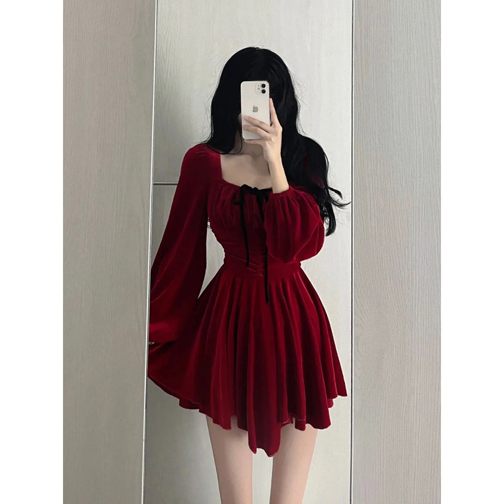 Chic A line Square Neckline Long Sleeves Red Velvet Party Dress Birthday Dresses Birthday Outfits