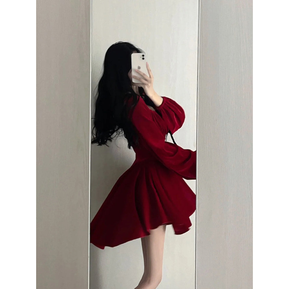 Chic A line Square Neckline Long Sleeves Red Velvet Party Dress Birthday Dresses Birthday Outfits