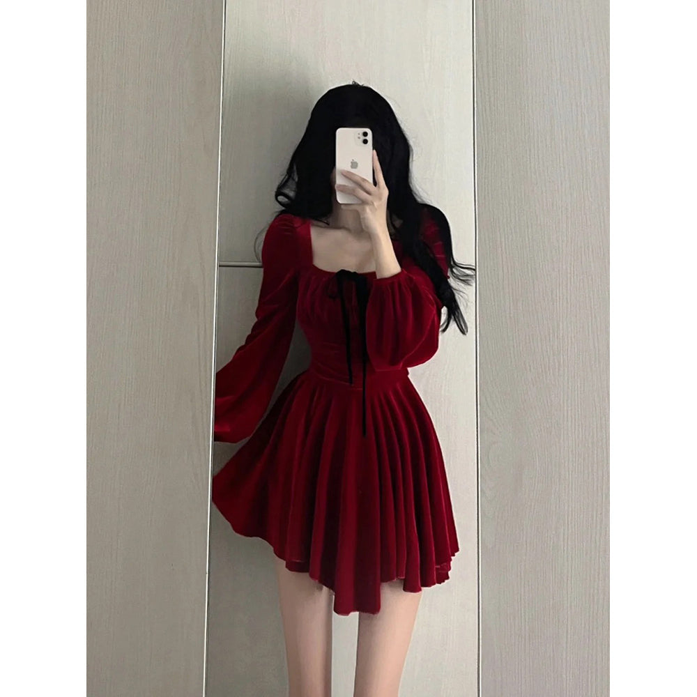 Chic A line Square Neckline Long Sleeves Red Velvet Party Dress Birthday Dresses Birthday Outfits
