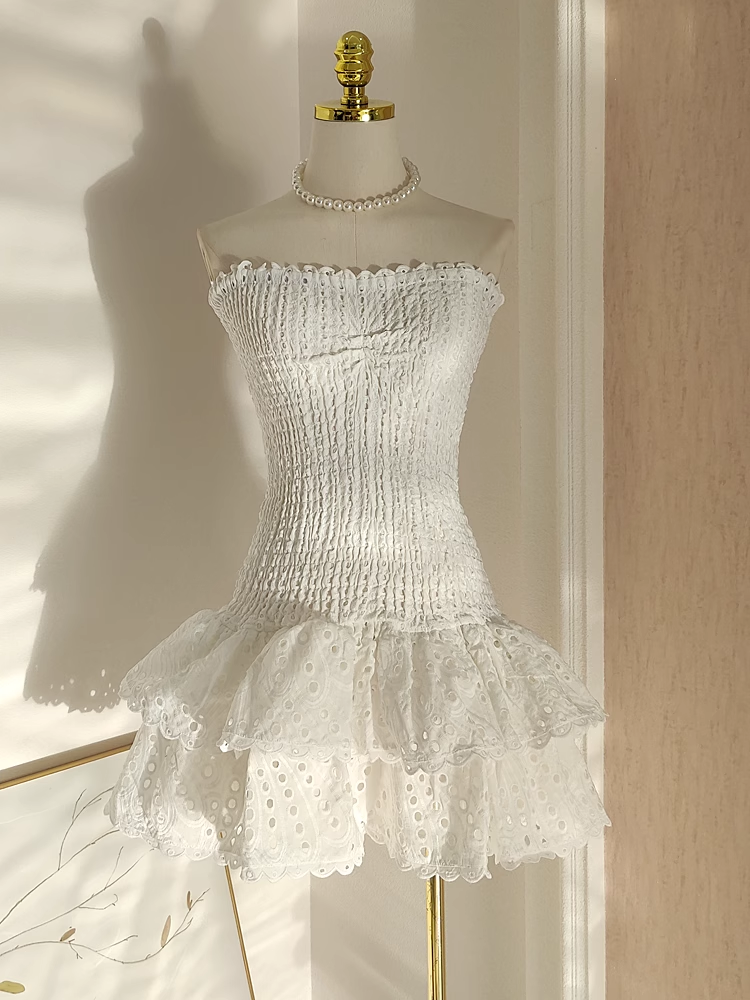 Cute Sheath Strapless White Lace Vacation Dress Short Birthday Dresses