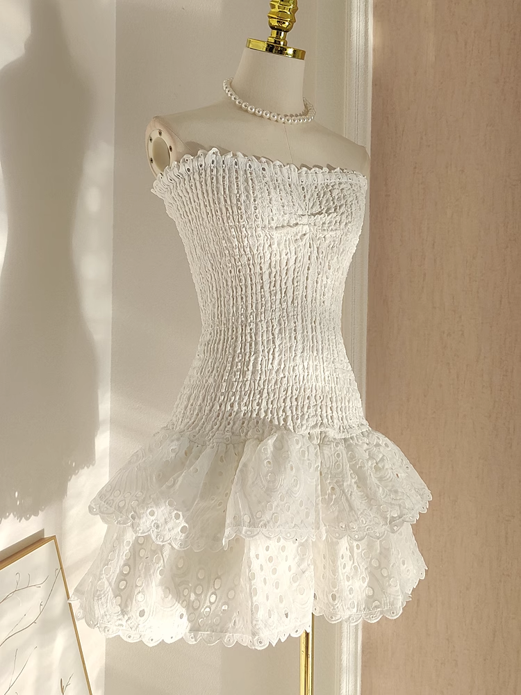 Cute Sheath Strapless White Lace Vacation Dress Short Birthday Dresses