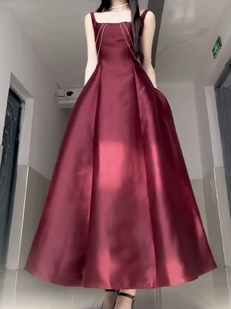 Sexy A line Square Neckline Sleeveless Women's Burgundy Holiday Dress Vacation Dresses Birthday Dress