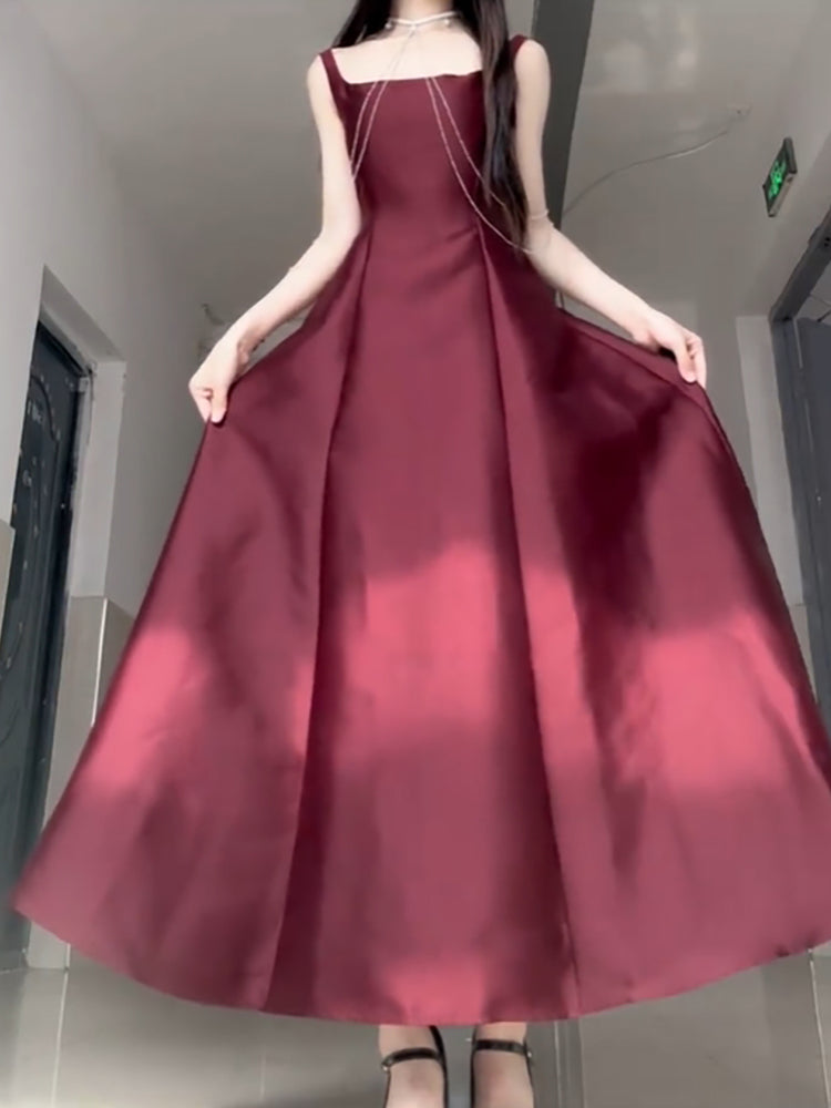 Sexy A line Square Neckline Sleeveless Women's Burgundy Holiday Dress Vacation Dresses Birthday Dress