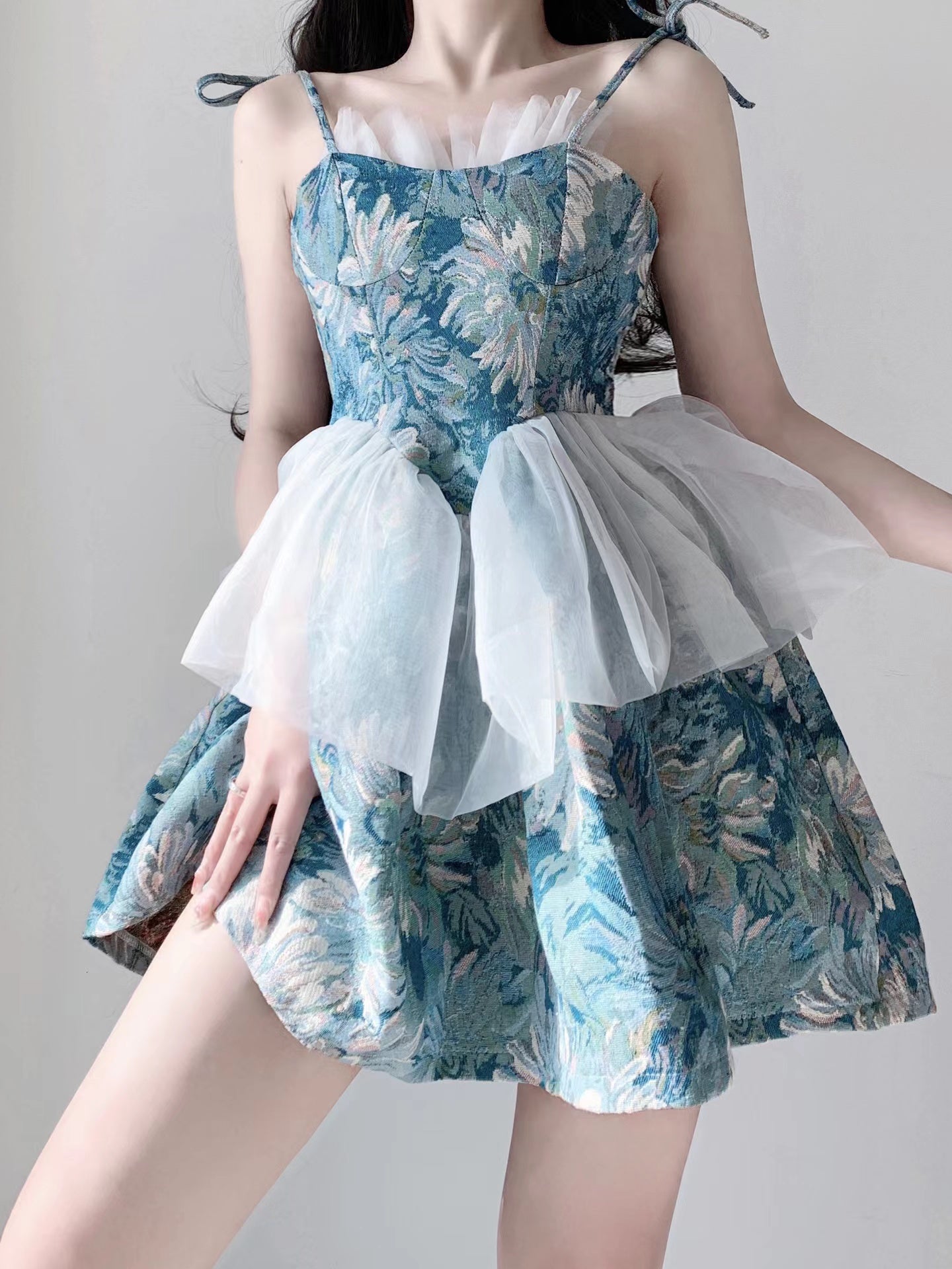 Simple Ball Gown Spaghetti Straps Blue Satin Floral Holiday Dress Birthday Dresses Birthday Outfits