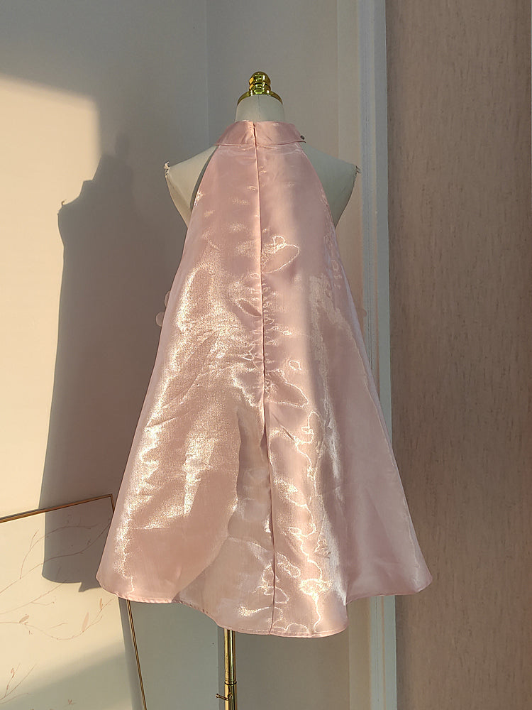Cute A line Halter Pink Travel Vacation Dresses Short Satin Birthday Dress