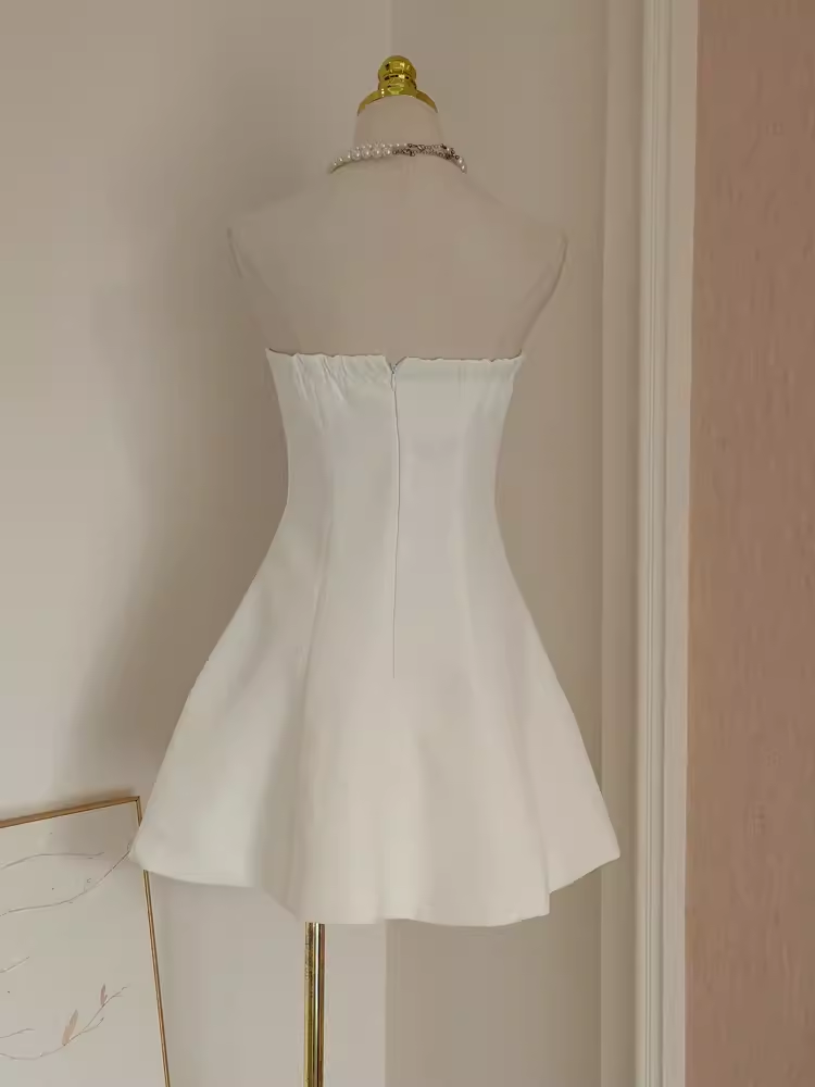 Cute A line Strapless Satin White Flowers Vacation Dress Women Short Dresses
