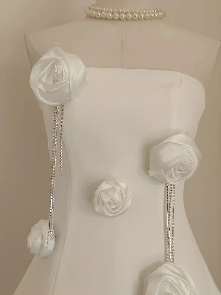 Cute A line Strapless Satin White Flowers Vacation Dress Women Short Dresses