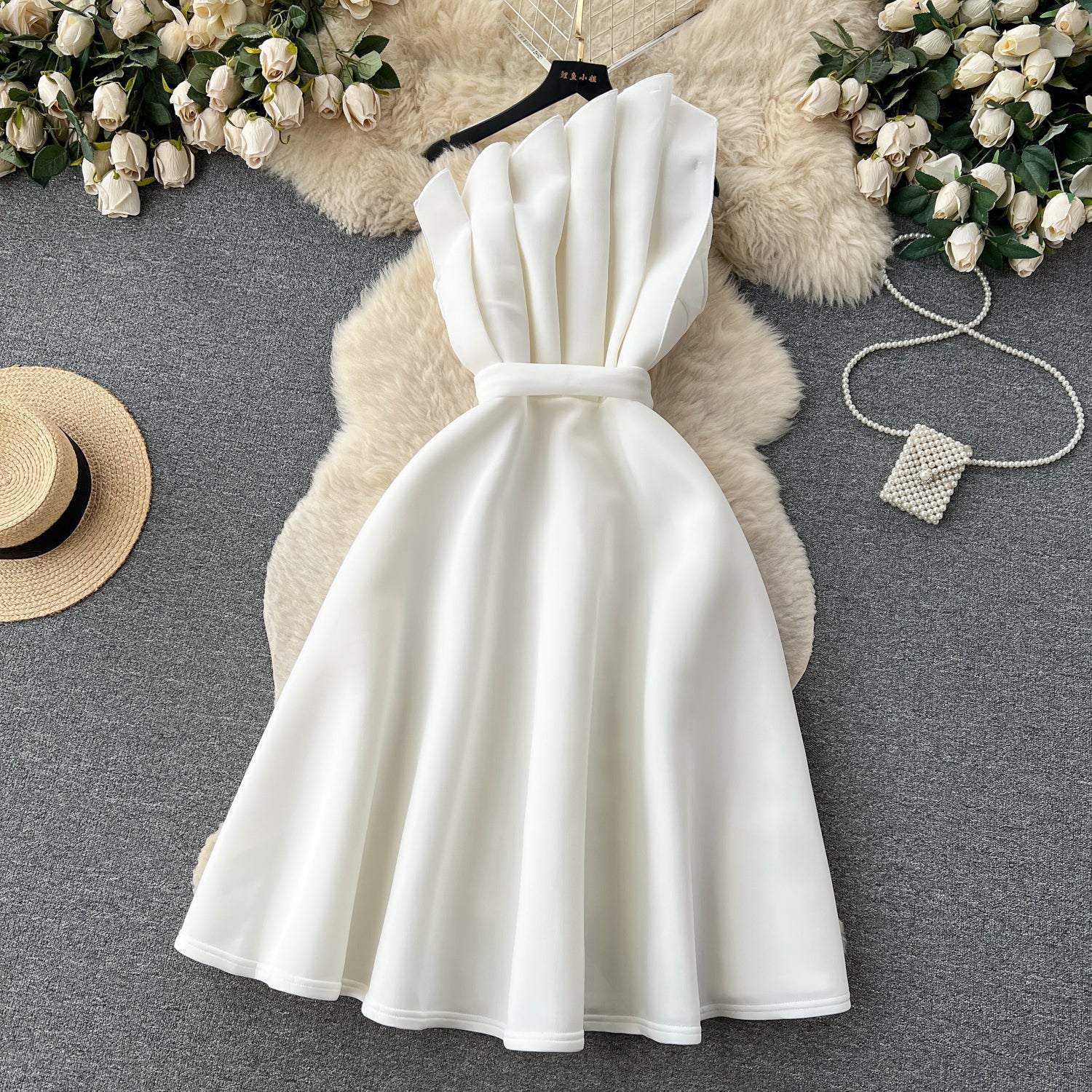 Simple A line One Shoulder Ruffles White Holiday Dresses Midi Length Women's Dress
