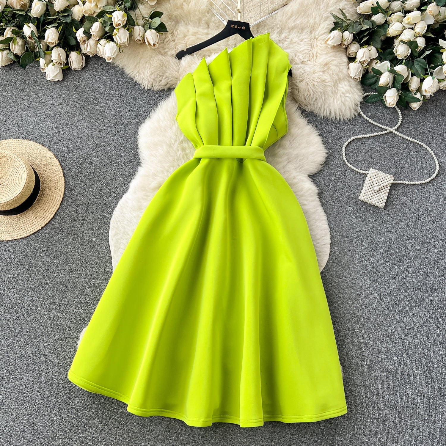 Simple A line One Shoulder Ruffles Bud Green Holiday Dresses Midi Length Women's Dress