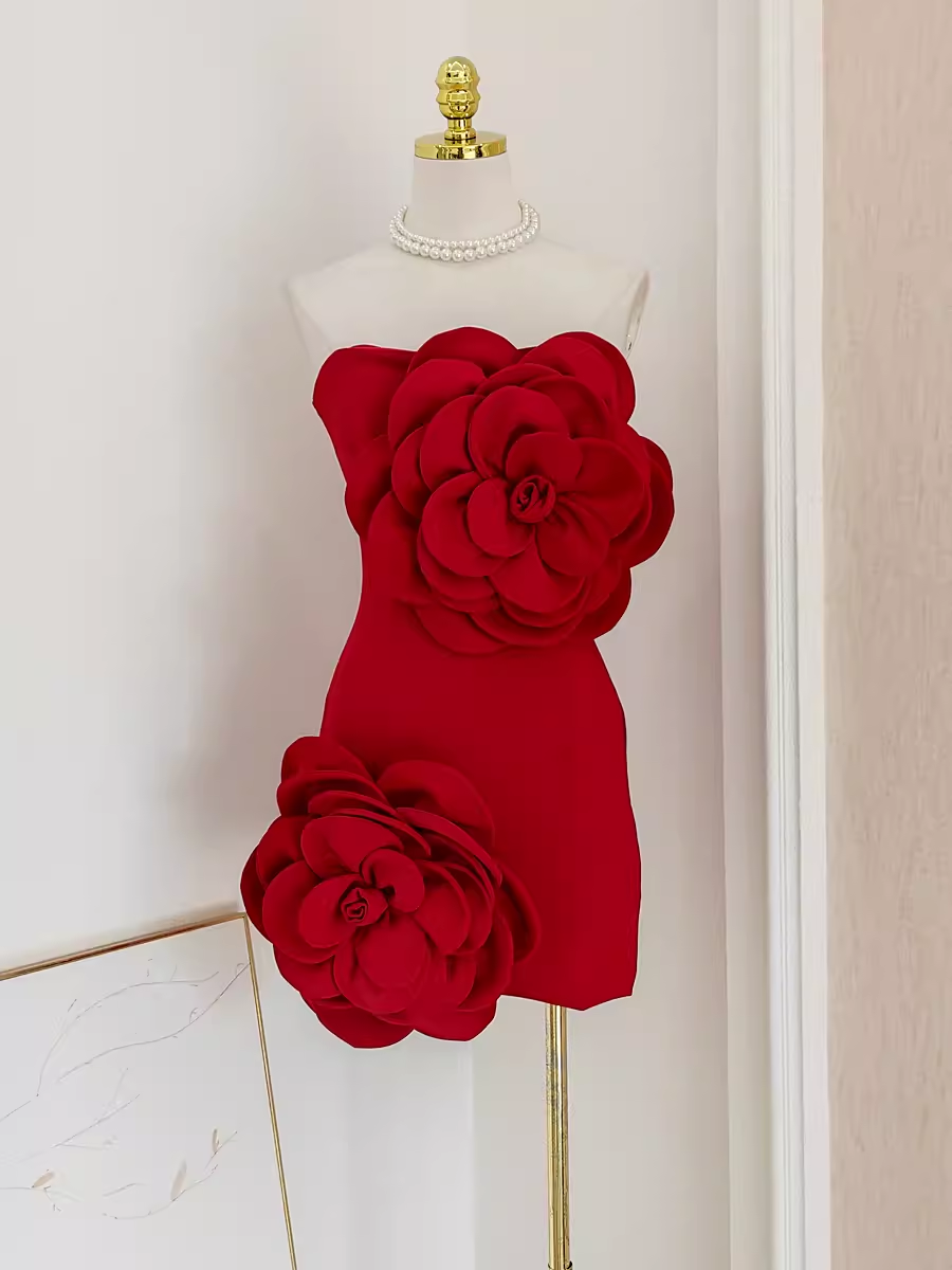 Simple Sheath Strapless Red Satin Travel Vacation Dress Short Birthday Dress