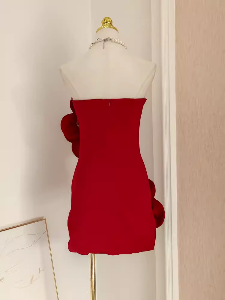 Simple Sheath Strapless Red Satin Travel Vacation Dress Short Birthday Dress
