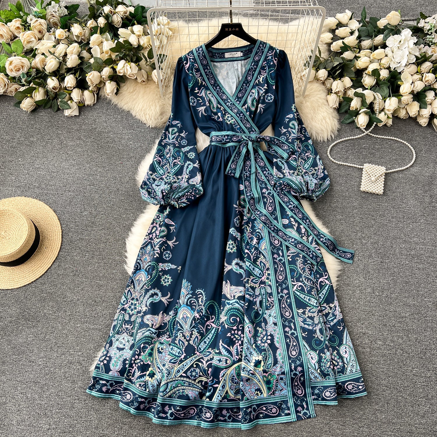 Chic A line Long Sleeves Blue Floral Holiday Dresses Autumn Women's Dress