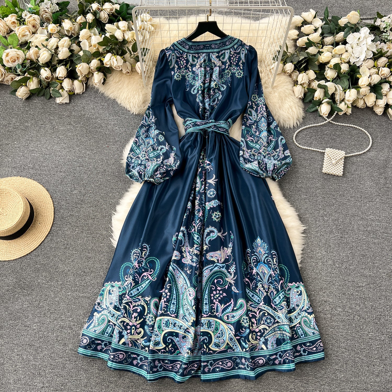 Chic A line Long Sleeves Blue Floral Holiday Dresses Autumn Women's Dress